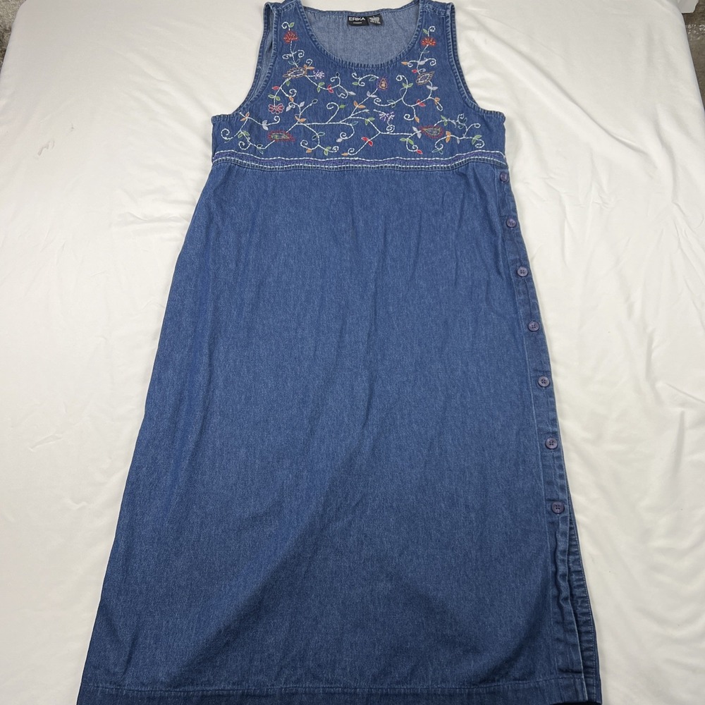 Erika Embroidered Denim Maxi Dress Womens Large Blue Modest Jumper Cottage